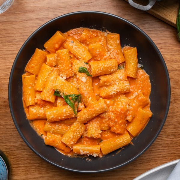 A black bowl of Grano's rigatoni pasta with creamy orange sauce, parmesan, and basil on a wooden table.