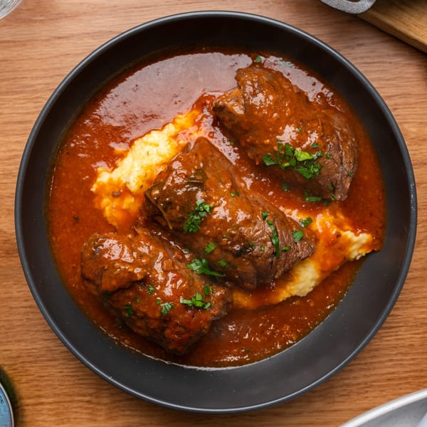 Three beef involtini, topped with parsley, in a rich tomato sauce with polenta.